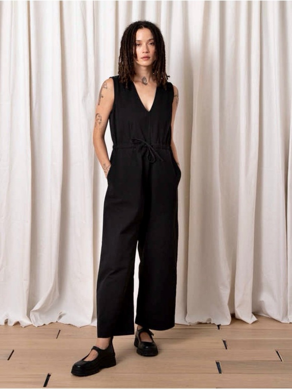 Ali Golden Slit Back Jumpsuit Black Size Small Wide‎ Leg Relaxed Cotton Minimal